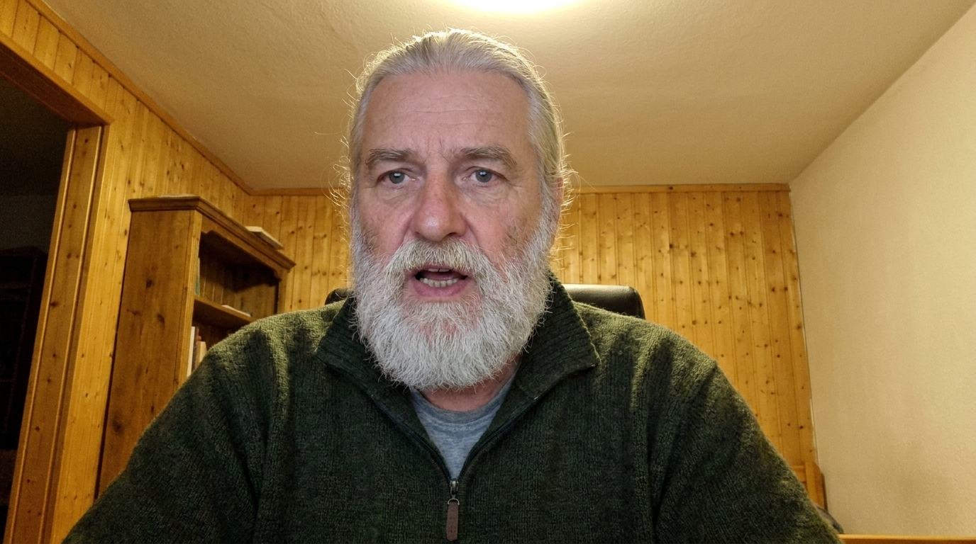 Porträt von Bernd Falk, 64 Jahre, grauer Vollbart, dunkelgrüner Pullover
