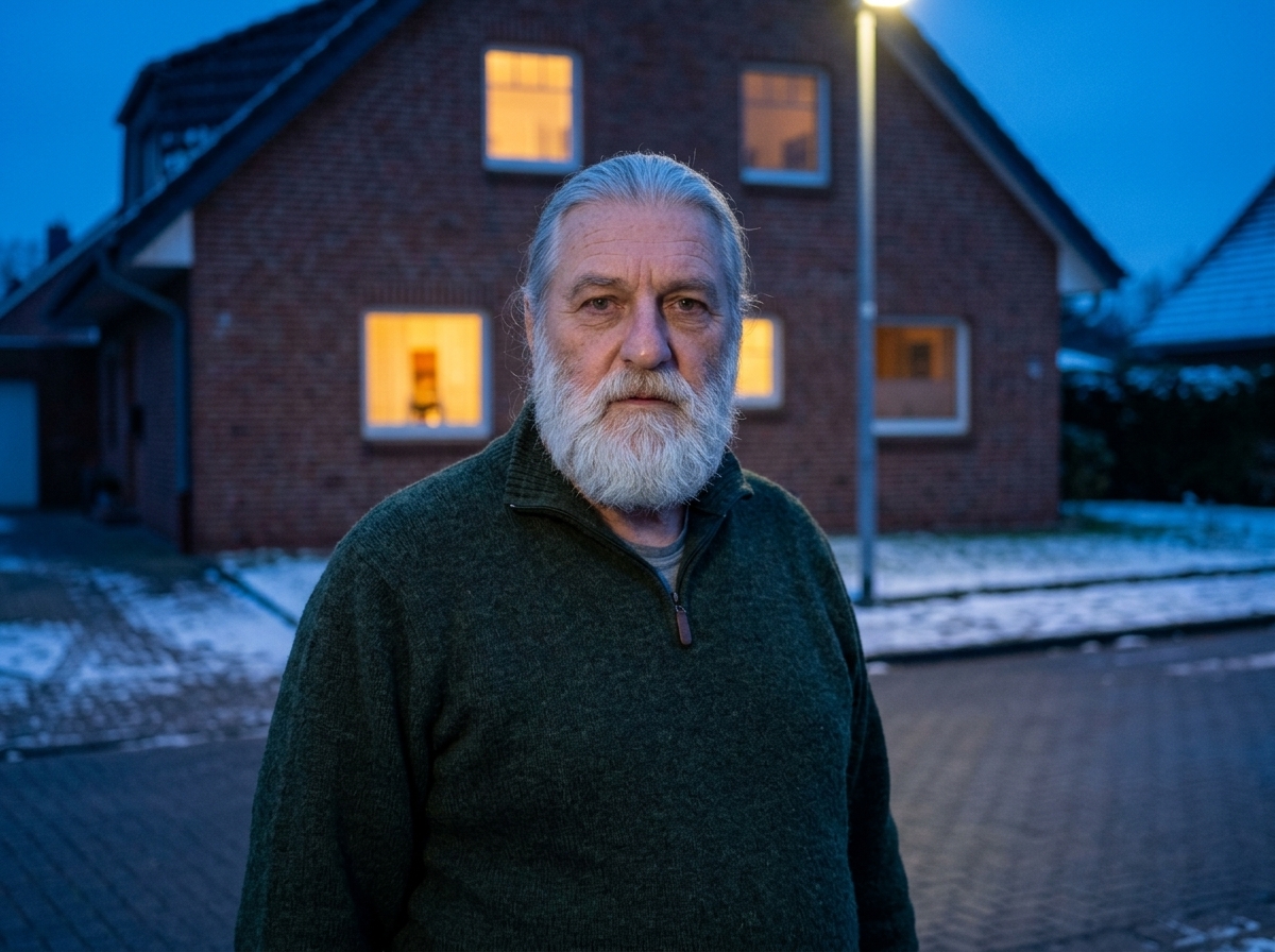Bernd Falk steht am Abend auf dem Bürgersteig einer ruhigen Wohnstraße, hinter ihm ein Klinkerhaus mit zwei erleuchteten Fenstern