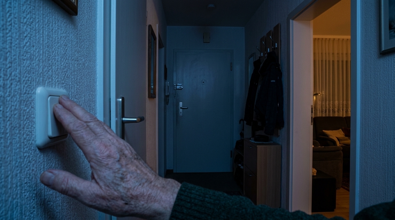 Dunkler Flur bei Nacht mit Blick auf die Haustür, eine Hand liegt am Lichtschalter, warmes Licht aus dem Nebenzimmer